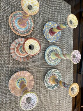 6 Vintage MacKenzie Childs Rare Victoria and Richard Hand-Painted Candle Holders